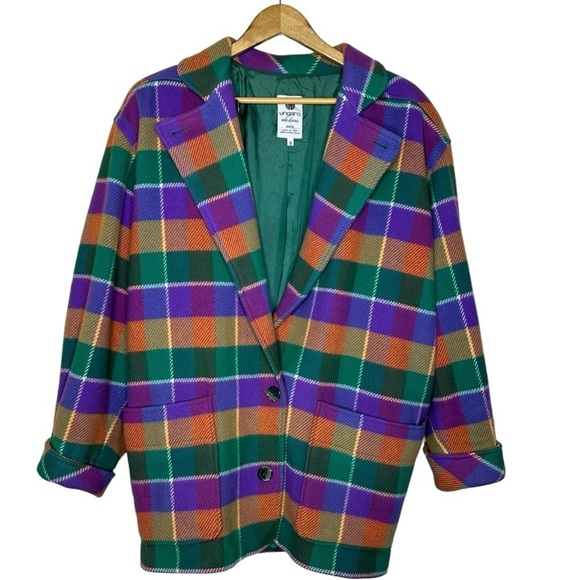 1980’s Emanuel Ungaro Tailored Wool Jacket in Vibrant Plaid 42 US 8 Modern L/XL - Picture 1 of 10